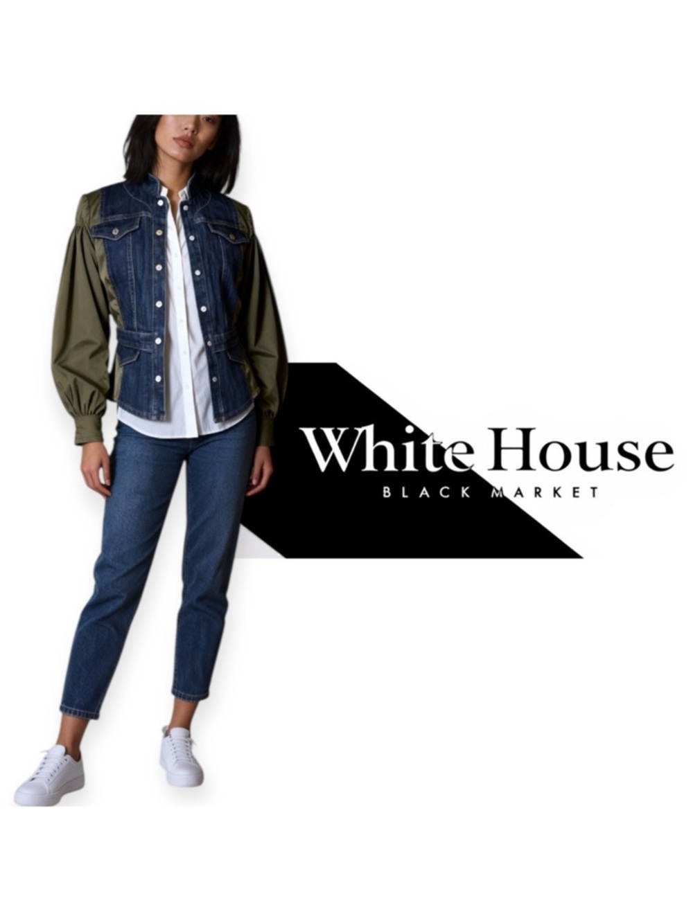White House Black Market Blue Denim Jacket with olive green satin sleeves Size 8 - Picture 1 of 10